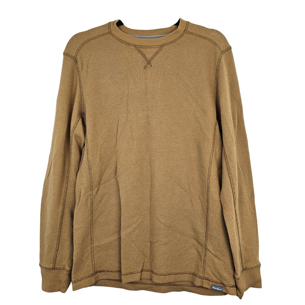 Eddie‎ Bauer Mens Tan Waffle Knit Long Sleeve Crew Neck Casual Shirt Size S